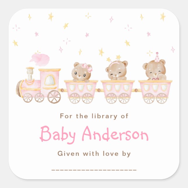 Bear Pink Train Baby Shower Bookplate (Front)