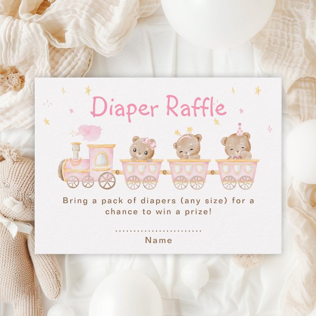 Bear Pink Train Baby Shower Diaper Raffle Enclosure Card (Creator Uploaded)