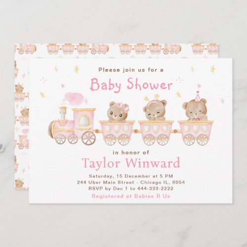 Bear Pink Train Baby Shower Invitation