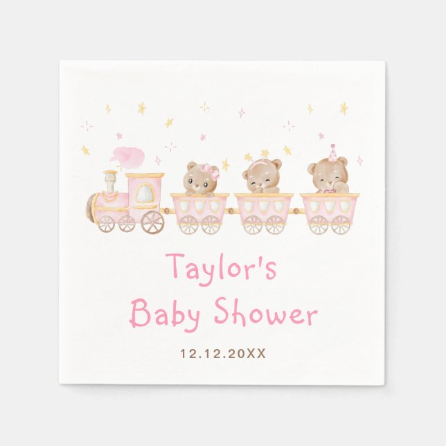 Bear Pink Train Baby Shower Napkins (Front)