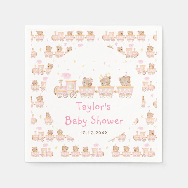 Bear Pink Train Baby Shower Napkins (Front)