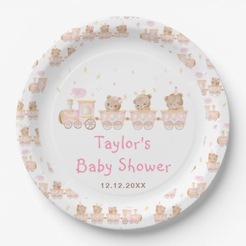 Bear Pink Train Baby Shower Paper Plates