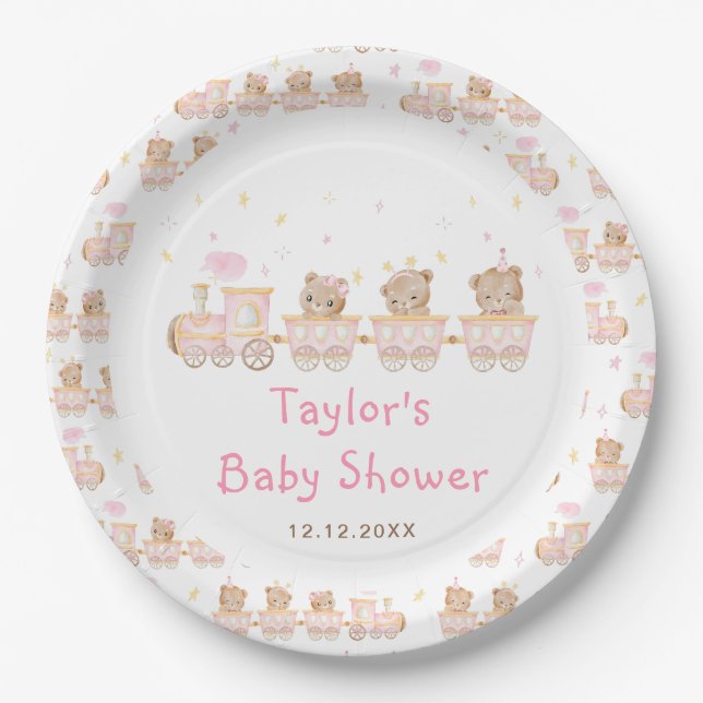 Bear Pink Train Baby Shower Paper Plates (Front)