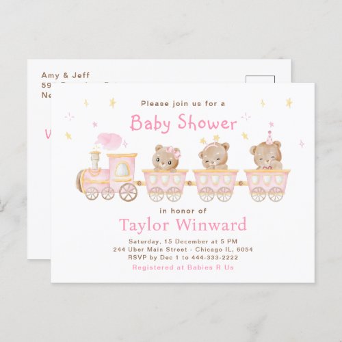 Bear Pink Train Baby Shower Postcard