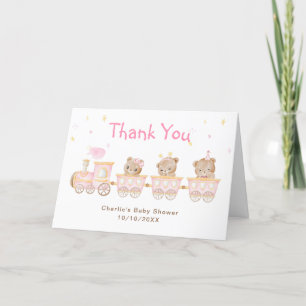 Bear Pink Train Baby Shower Thank You Card