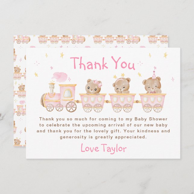 Bear Pink Train Baby Shower Thank You Card (Front/Back)