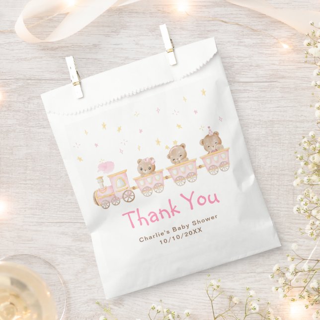Bear Pink Train Baby Shower Thank You Favor Bag (Clipped)