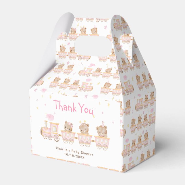 Bear Pink Train Baby Shower Thank You Favor Boxes (Front Side)
