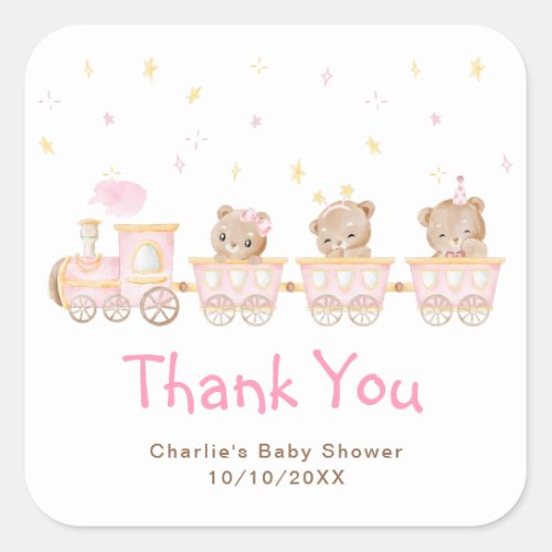 Bear Pink Train Baby Shower Thank You Square Sticker