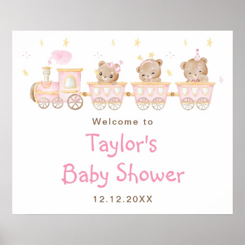 Bear Pink Train Baby Shower Welcome Poster