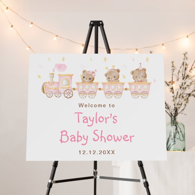 Bear Pink Train Baby Shower Welcome Sign (In Situ (Stand))