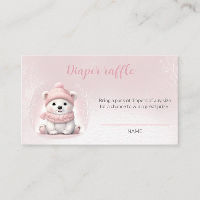 Bear Pink Winter Baby Shower Diaper Raffle Card (Front)