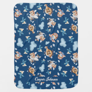 Bear Plane Blue Cloud Sky Themed Personalized Baby Blanket
