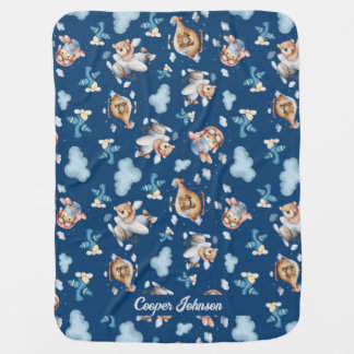 Bear Plane Blue Cloud Sky Themed Personalized Baby Blanket