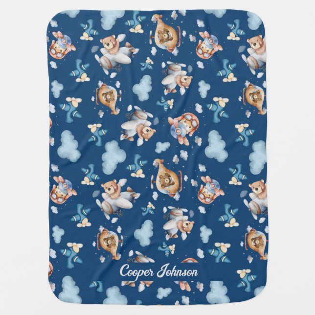 Bear Plane Blue Cloud Sky Themed Personalized Baby Blanket (Front)