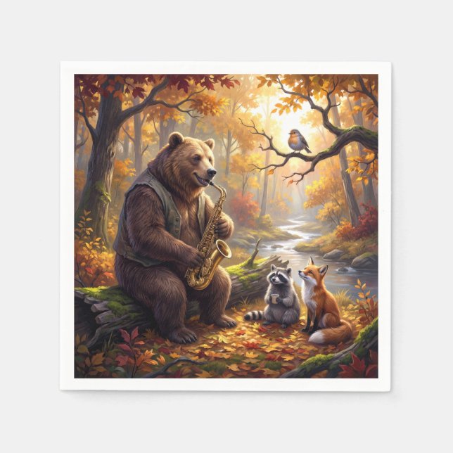 Bear Playing a Saxophone in Autumn Forest Napkins (Front)