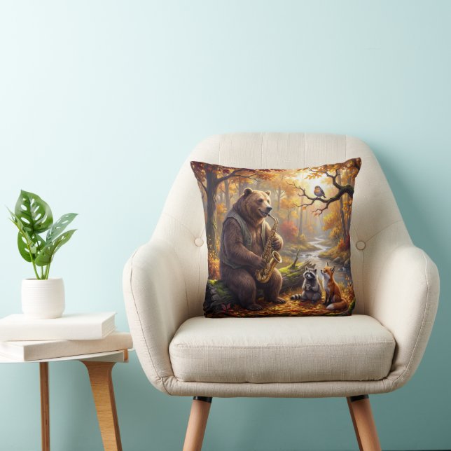 Bear Playing a Saxophone in Autumn Forest Throw Pillow (Chair)
