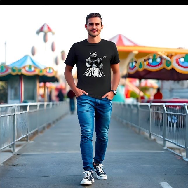 Bear Playing Acoustic Guitar - Black T-Shirt (Bear Playing Guitar)