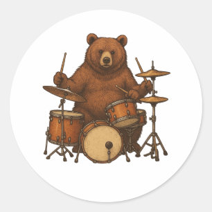 Bear Playing Drums Classic Round Sticker
