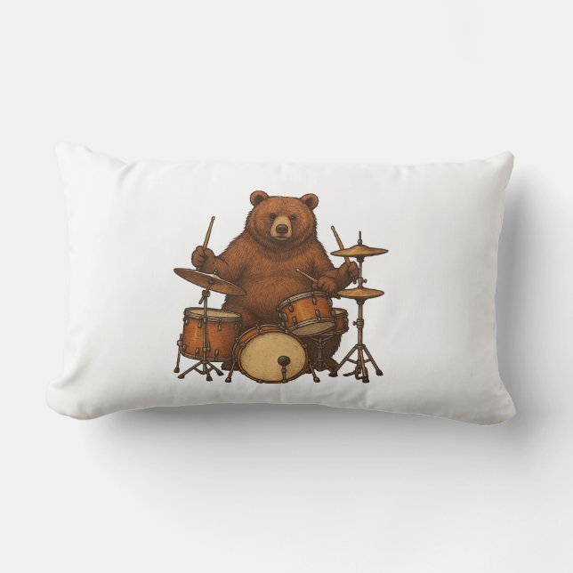 Bear playing drums drummers drumming  lumbar pillow (Front)