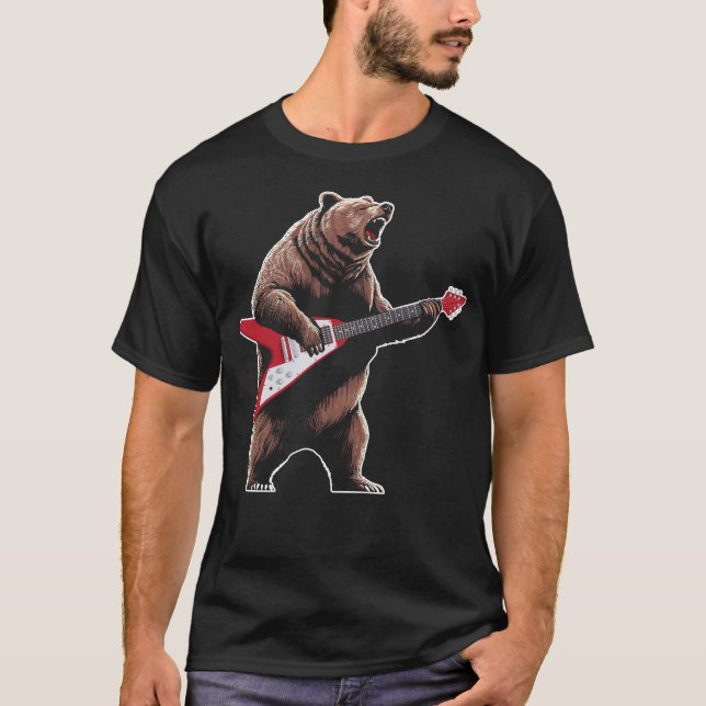 Bear playing flying v guitar guitarist  T-Shirt (Front)