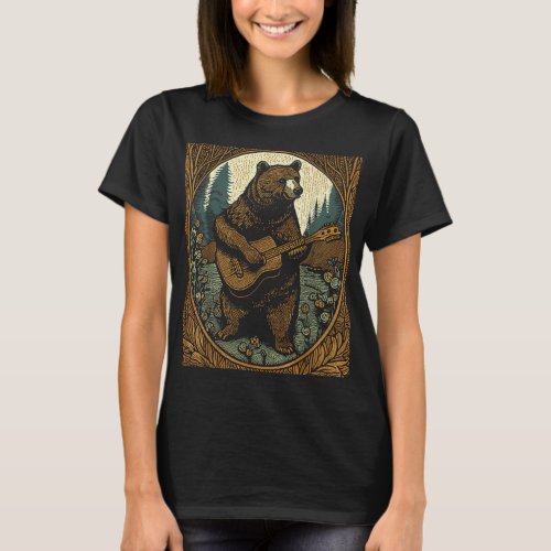 Bear Playing Guitar Vintage Cottagecore Funny Cute T_Shirt