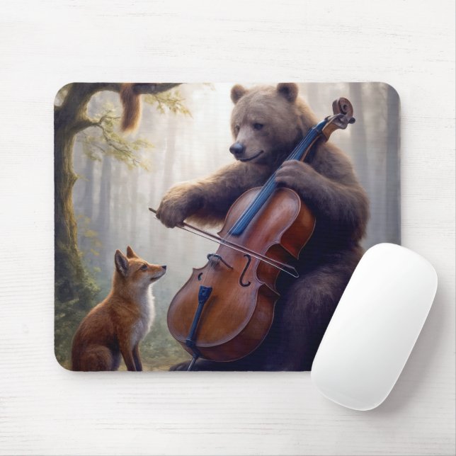 Bear Playing the Cello In a Misty Forest Mouse Pad (With Mouse)