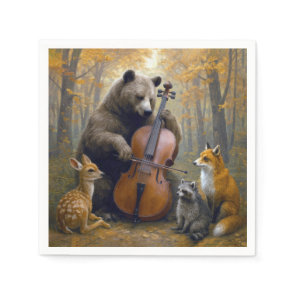 Bear Playing the Cello in Autumn Woods Napkins