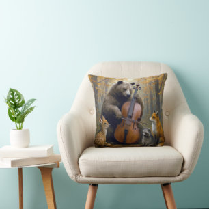 Bear Playing the Cello in Autumn Woods Throw Pillow