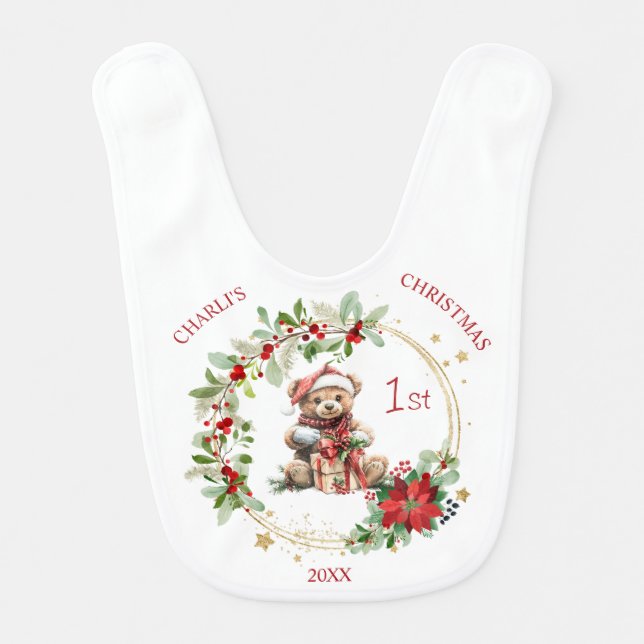 Bear Poinsettia Foliage Baby's First Christmas Baby Bib (Front)