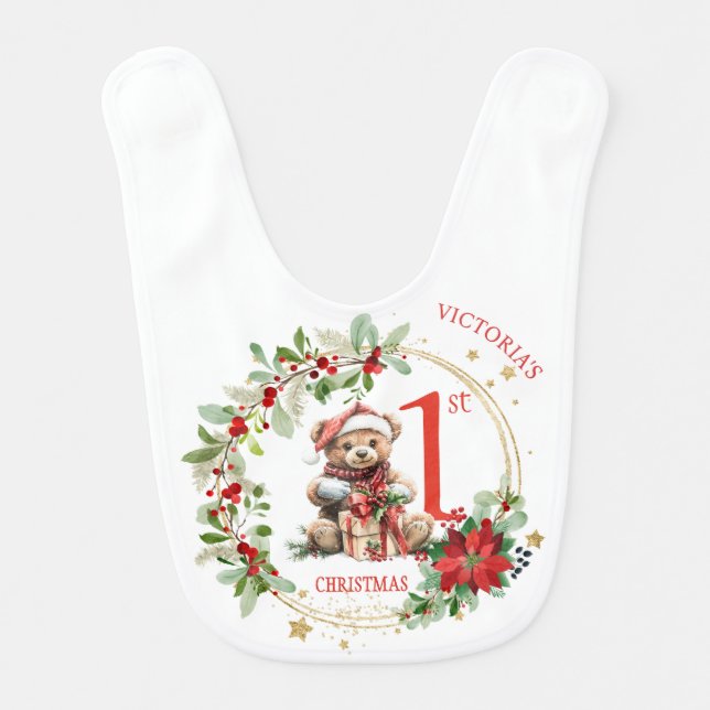 Bear Poinsettia Foliage Baby's First Christmas Baby Bib (Front)