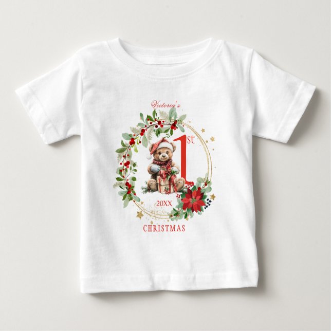 Bear Poinsettia Foliage Baby's First Christmas Baby T-Shirt (Front)