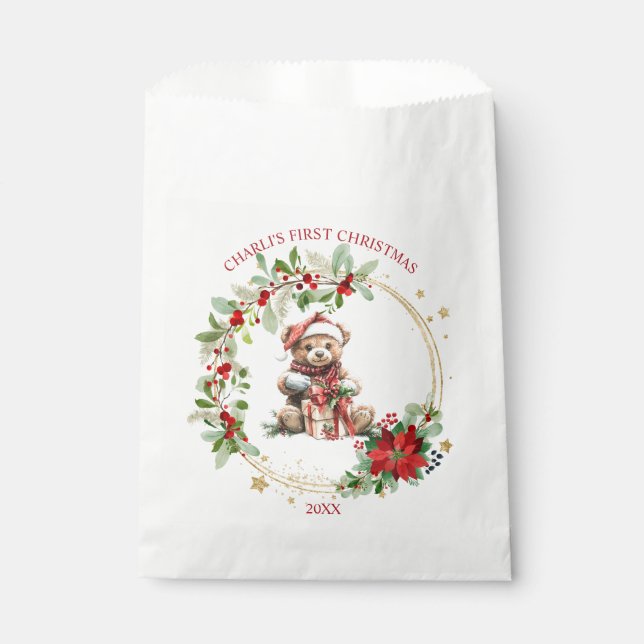 Bear Poinsettia Foliage Baby's First Christmas Favor Bag (Front)