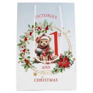 Bear Poinsettia Foliage Baby's First Christmas Medium Gift Bag