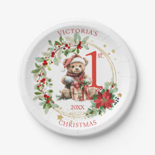 Bear Poinsettia Foliage Baby's First Christmas Paper Plates