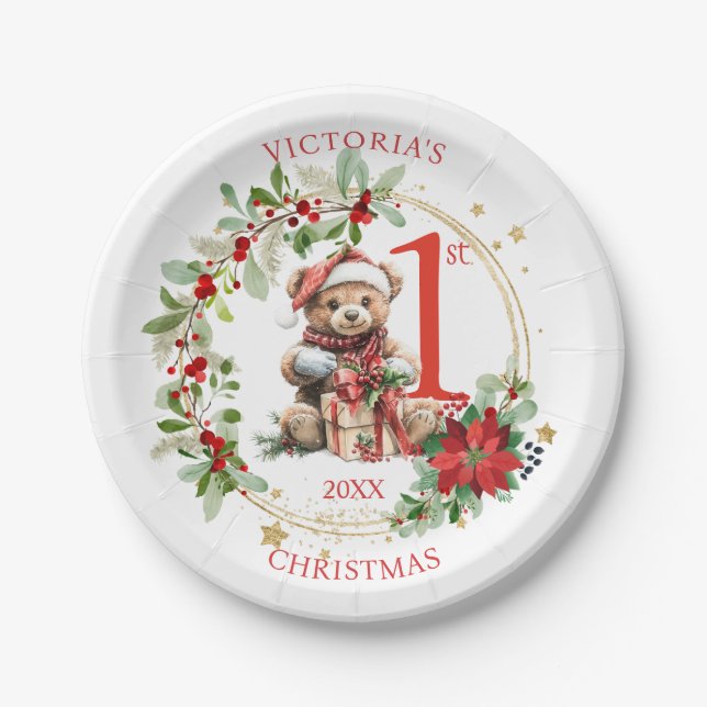 Bear Poinsettia Foliage Baby's First Christmas Paper Plates (Front)