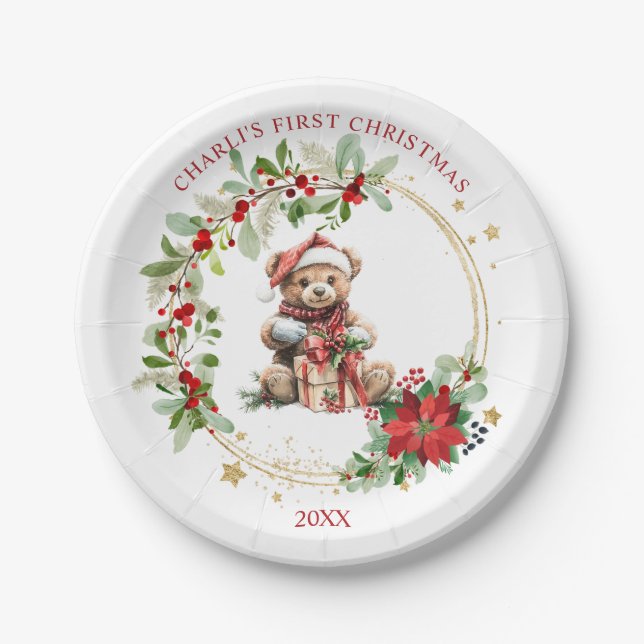 Bear Poinsettia Foliage Baby's First Christmas Paper Plates (Front)