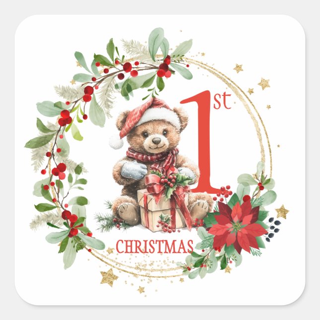 Bear Poinsettia Foliage Baby's First Christmas Square Sticker (Front)