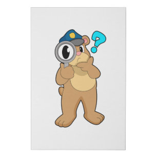 Bear Police officer Magnifying glass Faux Canvas Print