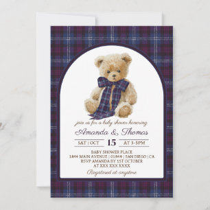 Bear Preppy Tartan Gender Neutral Baby Shower Invitation