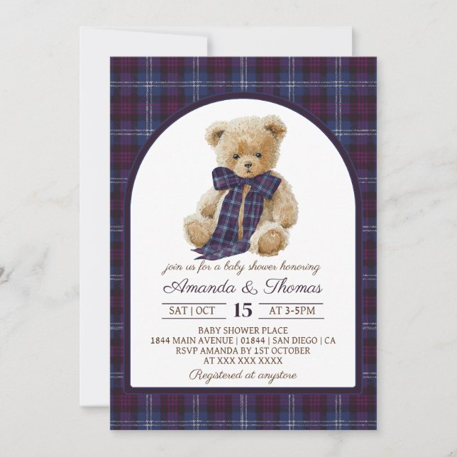 Bear Preppy Tartan Gender Neutral Baby Shower Invitation (Front)