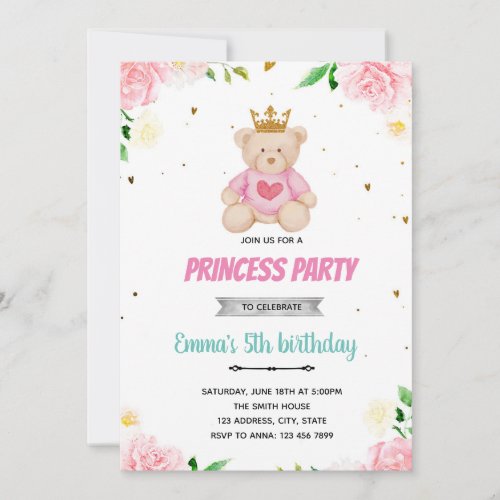 Bear princess slumber party invitation