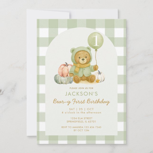 Bear Pumpkin Sage Green Beary First Birthday  Invitation (Front)