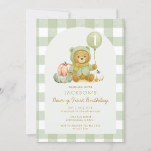 Bear Pumpkin Sage Green Beary First Birthday  Invitation