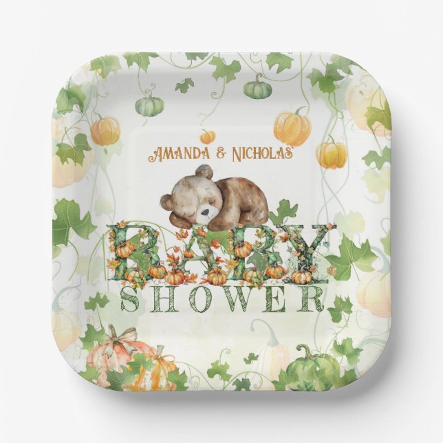 Bear Pumpkins Whimsical Fall Baby Shower Paper Plates (Front)