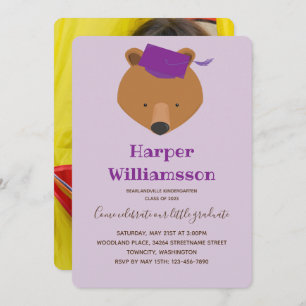 Bear Purple Photo Kindergarten Graduation Invitation