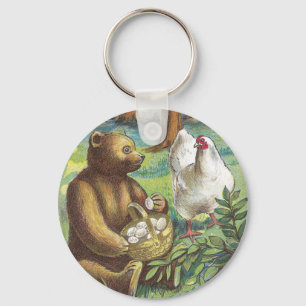 Bear Puts Hen's Eggs in Basket Vintage Easter Keychain