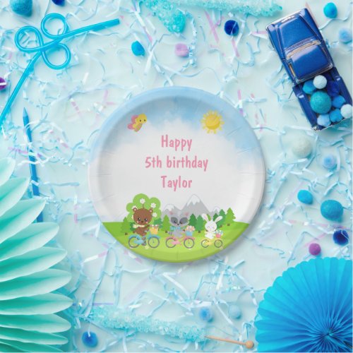 Bear Raccoon and Rabbit on Bicycles Birthday Paper Plates