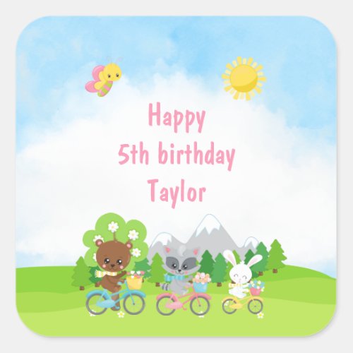 Bear Raccoon and Rabbit on Bicycles Birthday Square Sticker