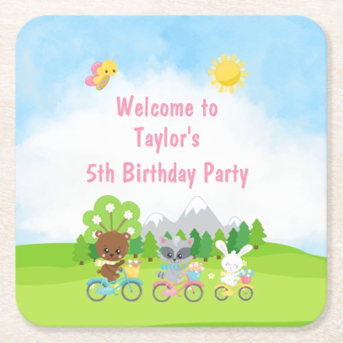 Bear Raccoon  Rabbit on Bicycles Birthday Party Square Paper Coaster